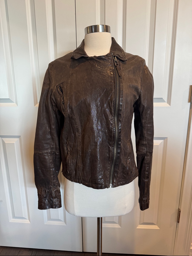 Allsaints Dark Brown Leather Asymmetrical Zip Jacket